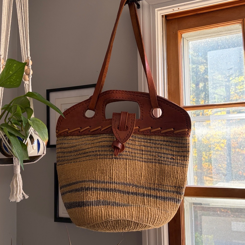 Boho Sisal Fiber and Leather African Made Handbag Tote Purse